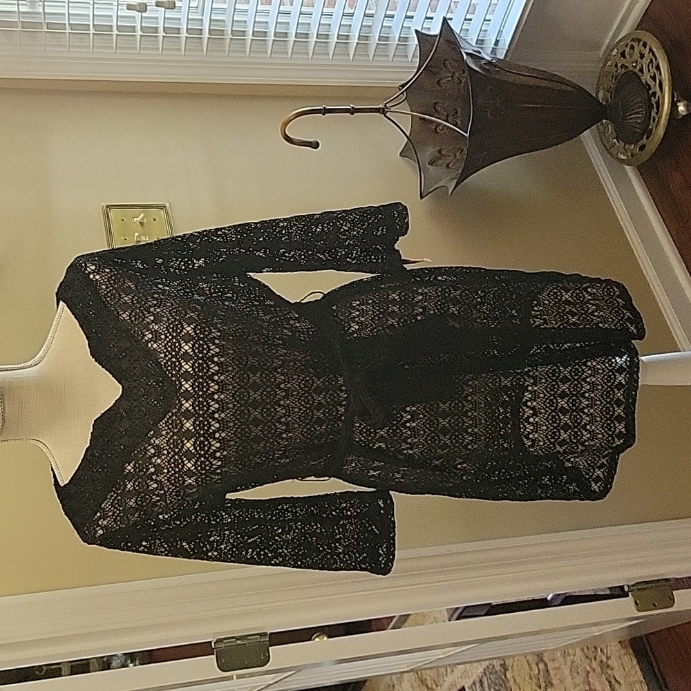Merona black lace swimsuit cover pullover tie waist Vneck 3/4 slv stretch M NEW…